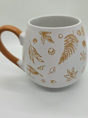 Walgreens Autumn Gold Leaf Stoneware Coffee Mug White Ceramic Fall Leaves 19.6oz